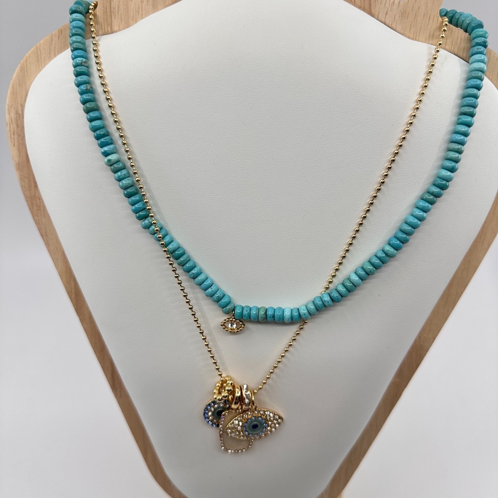 Turquoise & Gold Tone Beaded Evil Eye Layered Necklace Rhinestone Bohemian Gift - Picture 4 of 17